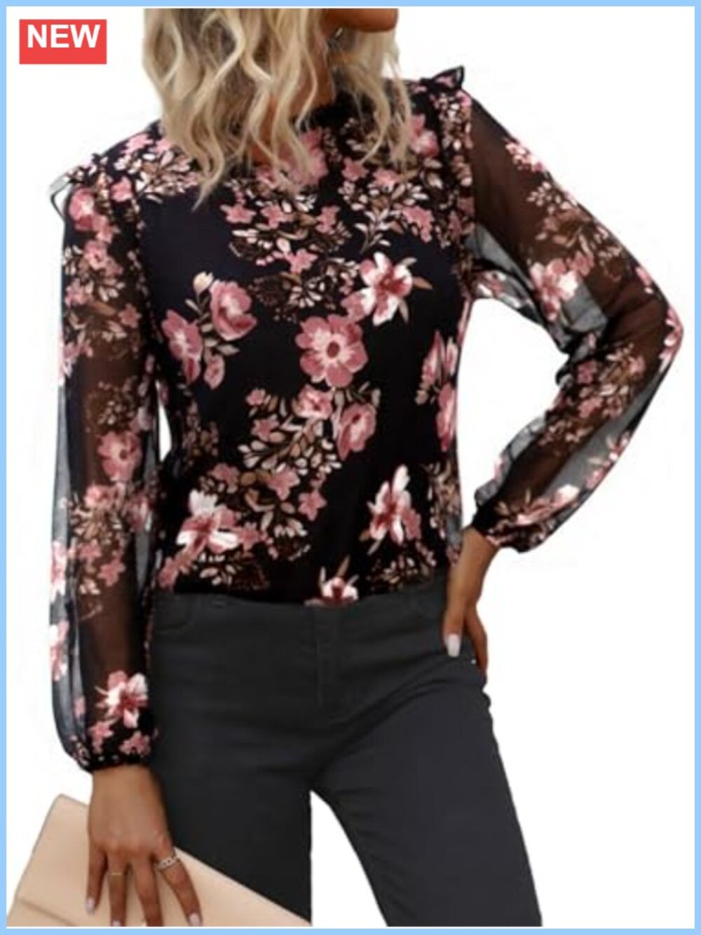 Womens Floral Boho Blouse Ruffle Mock Neck Long Sleeve Work Top